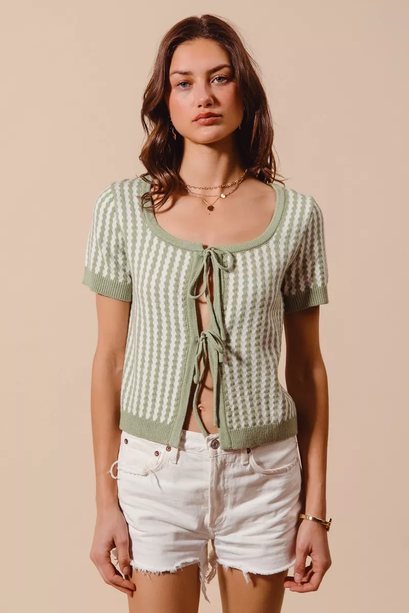 Tie Front Textured Vertical Stripe Knit Cardigan