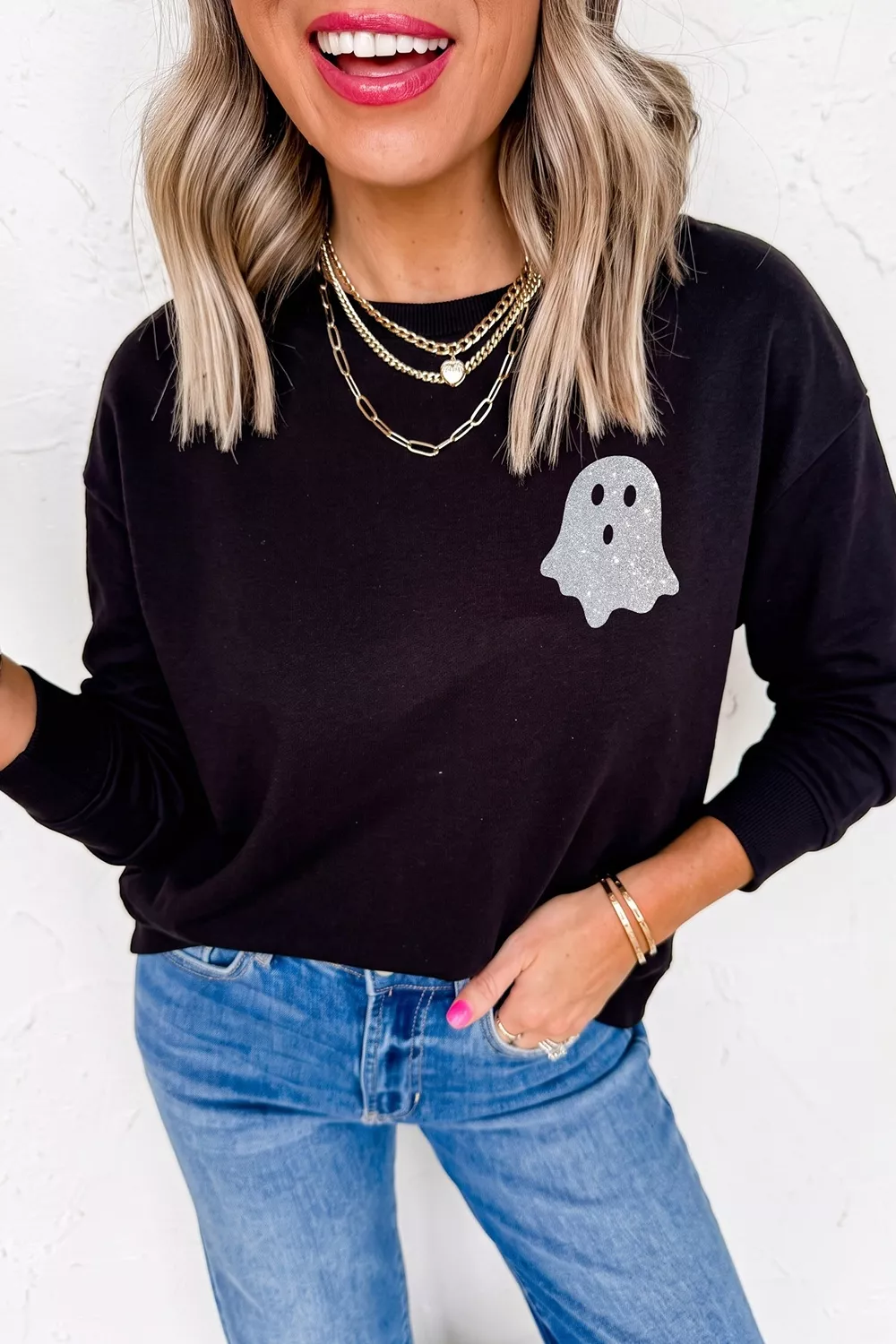 Round Neck Ghost Print Regular Fit Graphic Long Sleeve T-Shirt