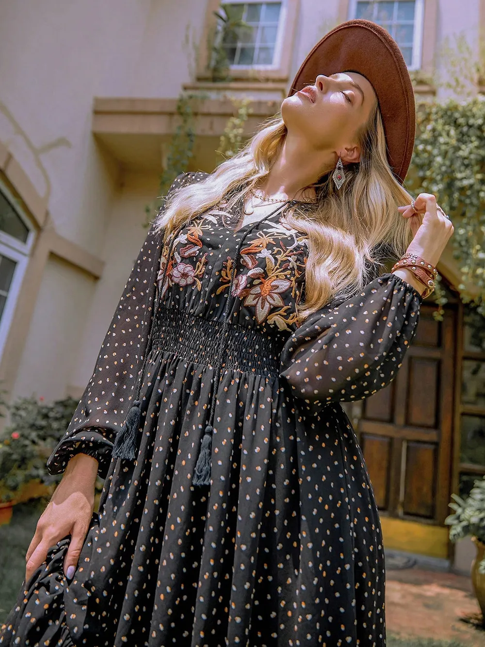 Embroidered Polka Dot Tie Neck Long Sleeve Midi Dress, image 2