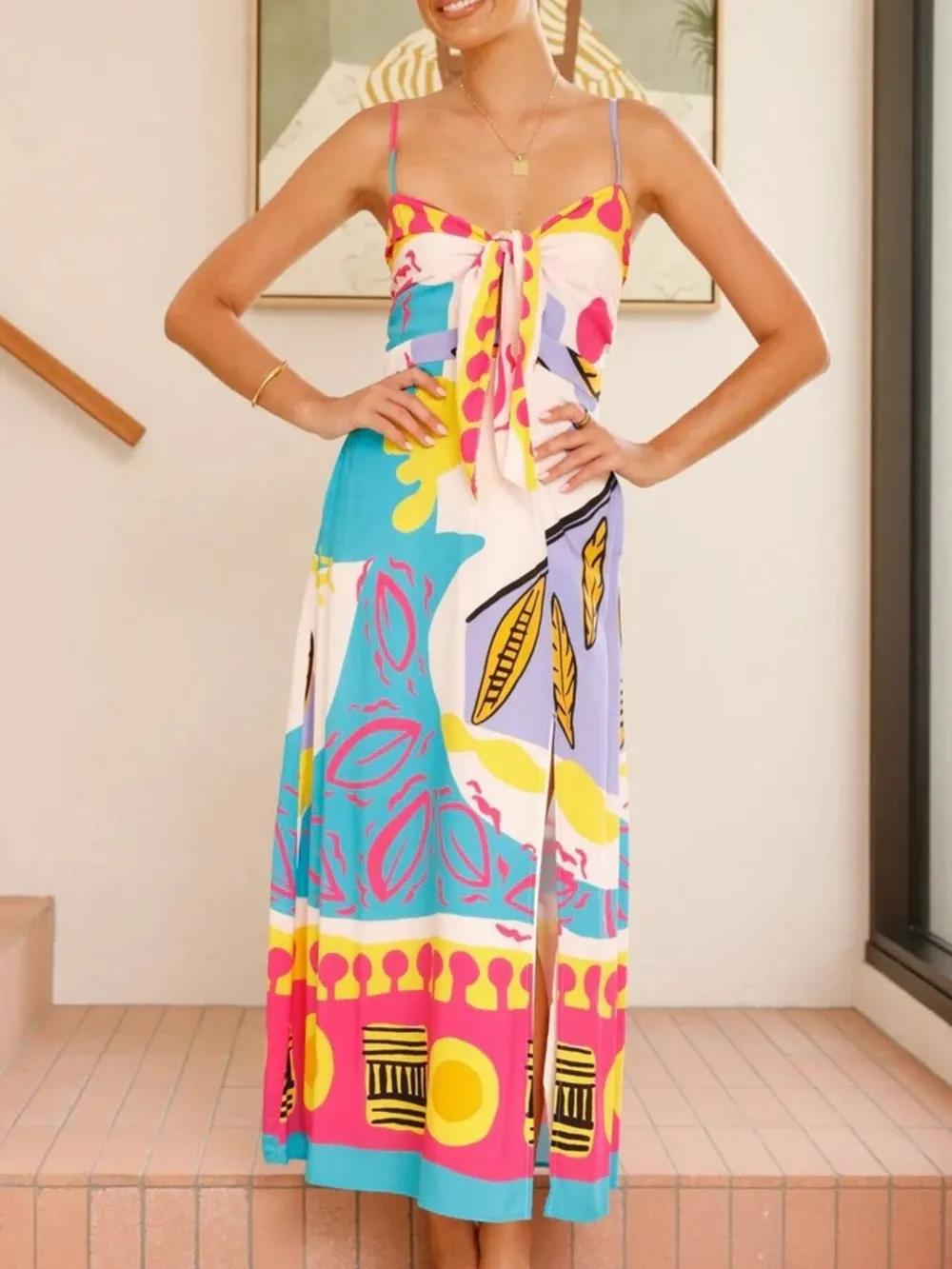 Tied Front Printed Slit Maxi Cami Dress, image 2