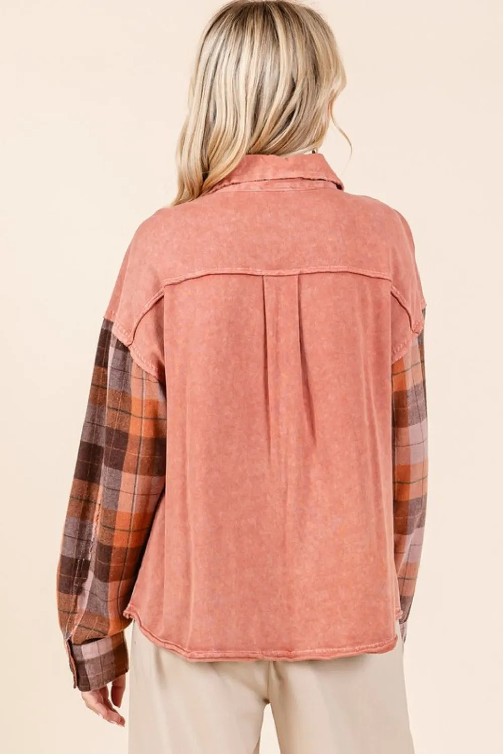 Button Down Contrast Plaid Patchwork Shacket, image 2