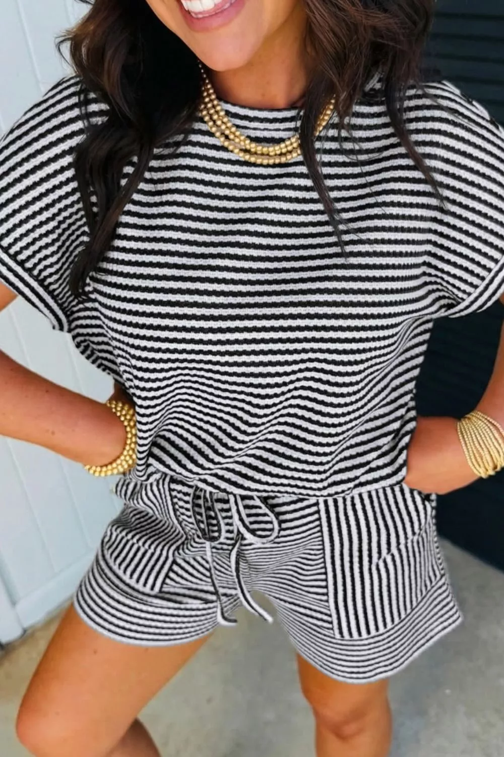 Striped Knit Short Sleeve Tee and Shorts Set, image 3