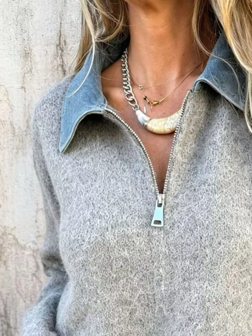 Contrast Denim Collar Half-Zip Knit Sweater, image 6