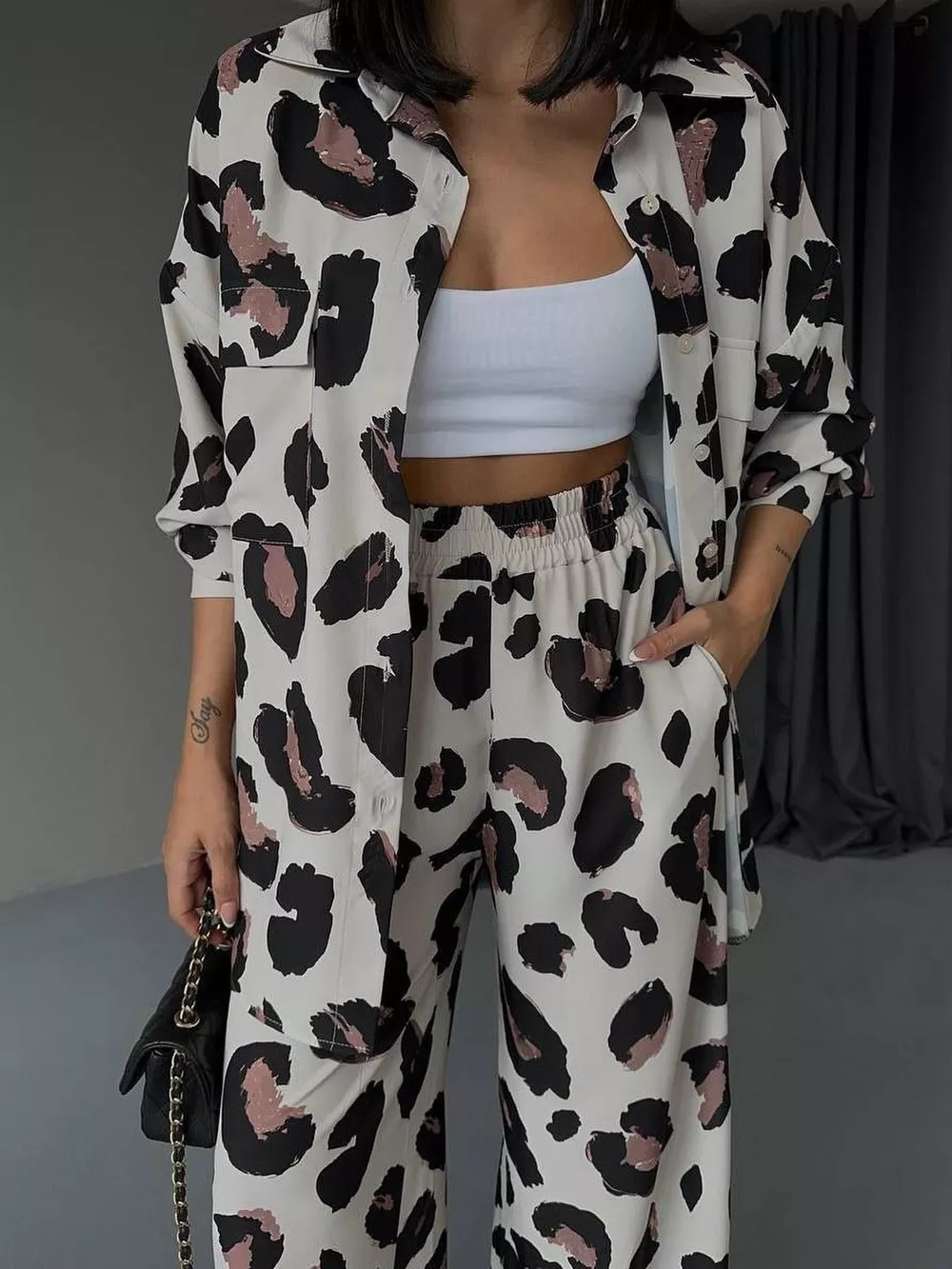 Leopard Print Relaxed Fit Shirt and Pants Two-Piece Set, image 2