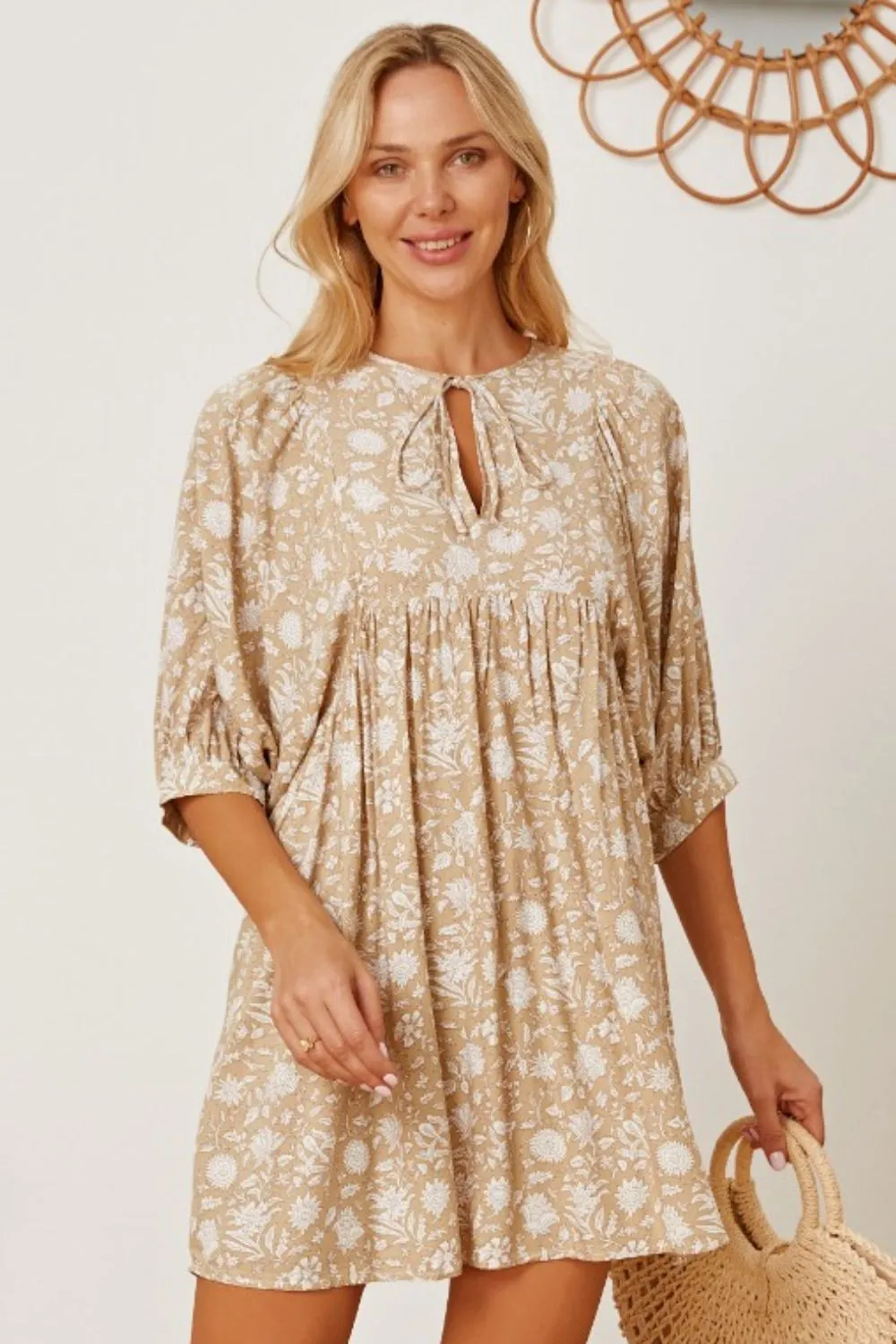 Floral Tie Neck Ruched Babydoll Dress, image 2