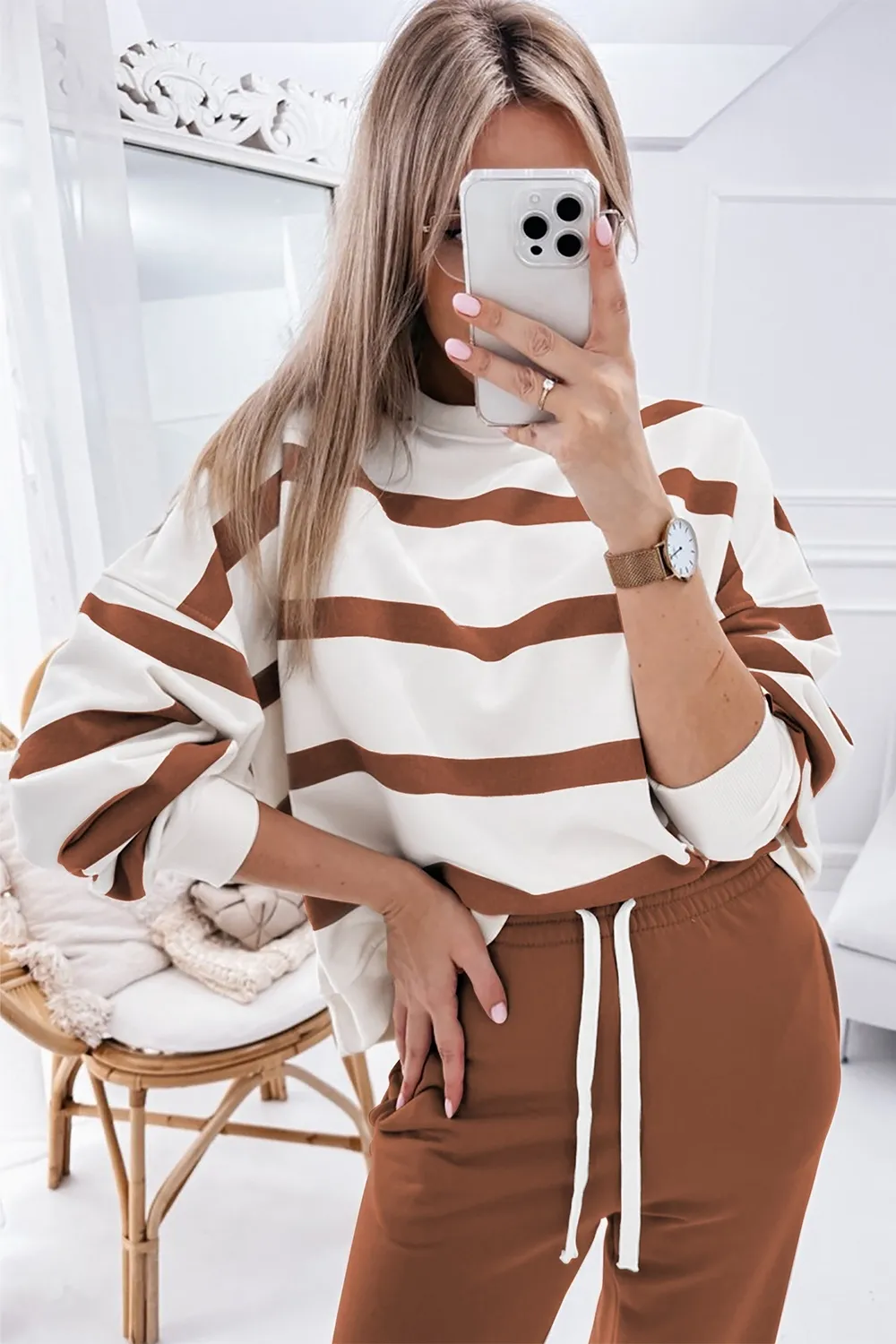 Striped Round Neck Long Sleeve Top and Pants Set, image 4