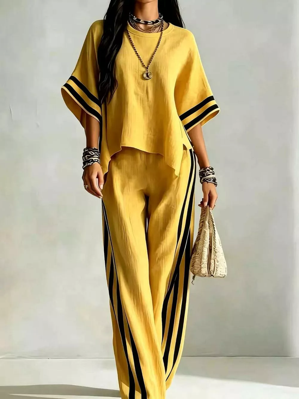 Full Size Striped 3/4 Sleeve Top and Pants Set Plus Size, image 20