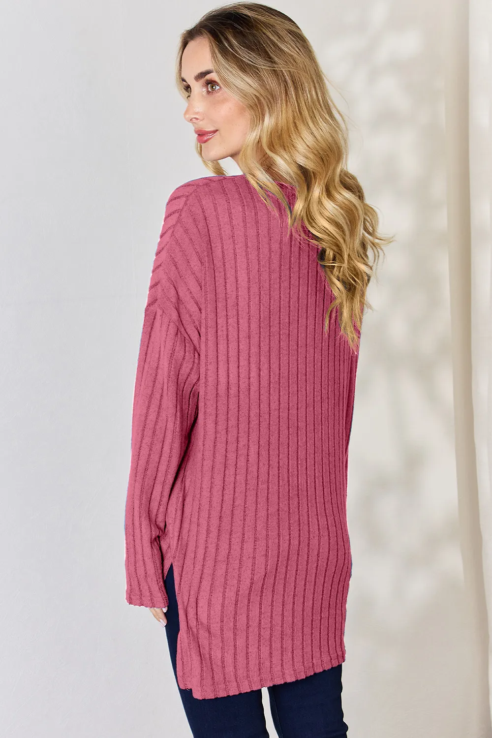 Full Size Ribbed Half Button Long Sleeve High-Low T-Shirt, image 7