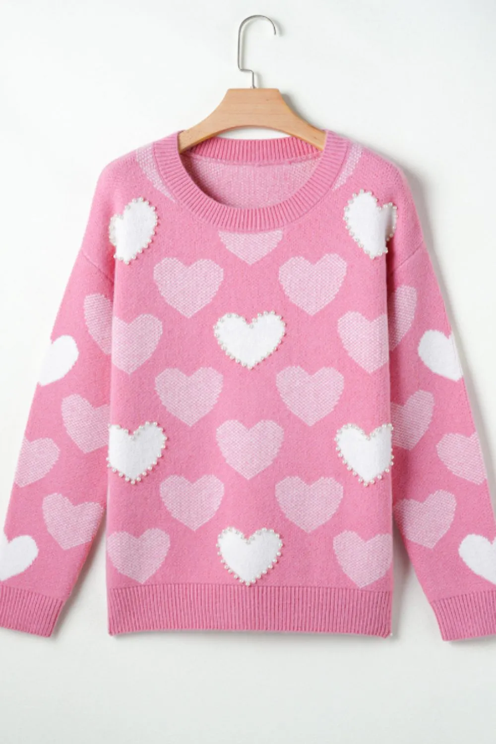 Pearl Trim Heart Round Neck Long Sleeve Sweater, image 2