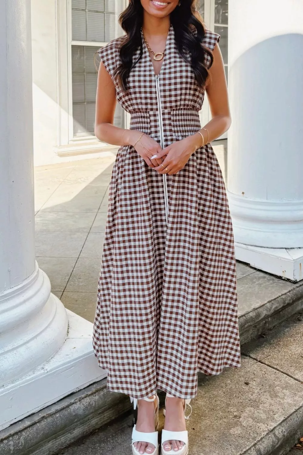 Gingham Zip-Front Midi Dress, image 6