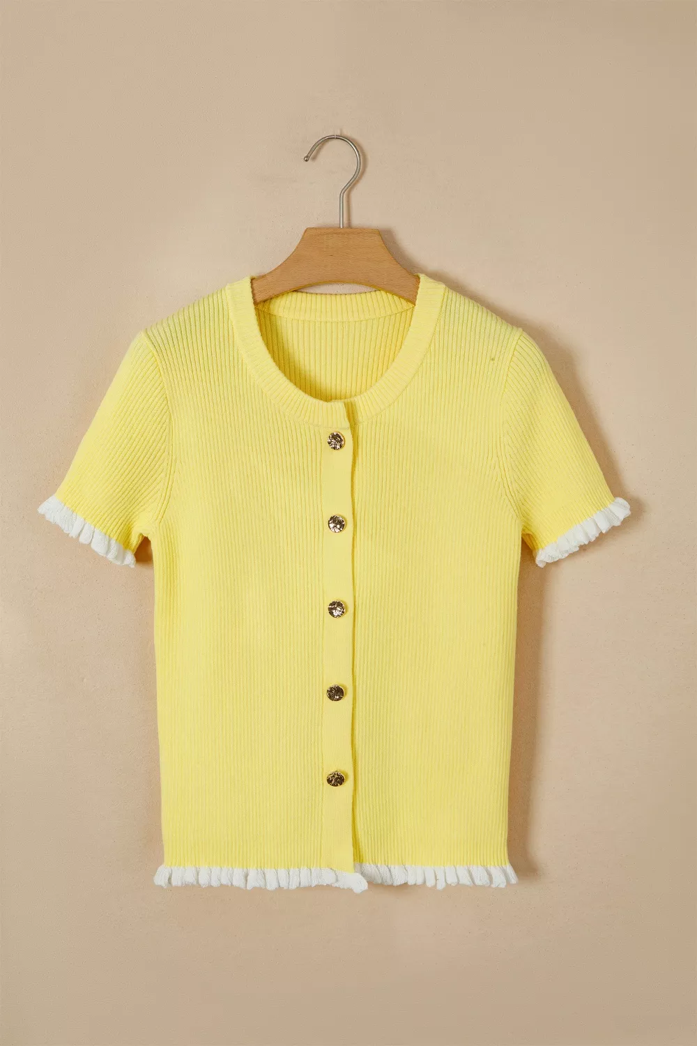 Ribbed Knit Contrast Frilled Short Sleeve Sweater Cardigan, image 5