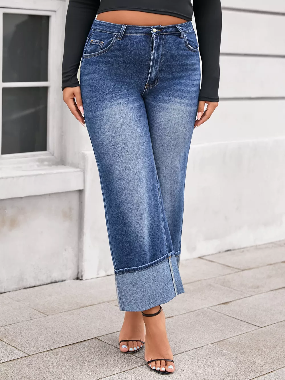 Plus Size High Waist Cuffed Wide Leg Jeans, image 3