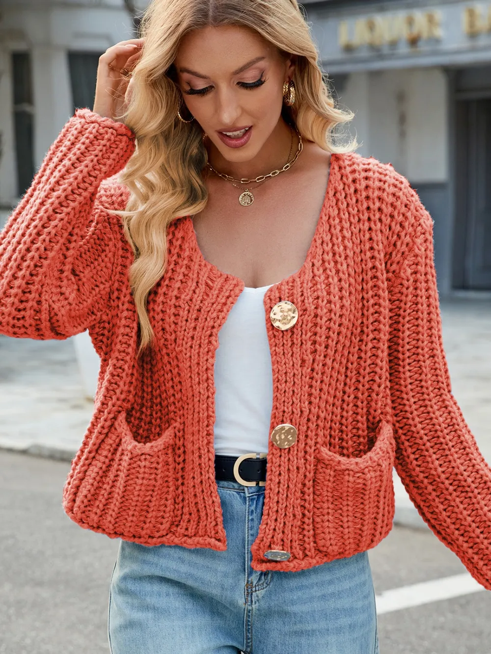 Round Neck Button Up Cardigan with Pockets, image 5