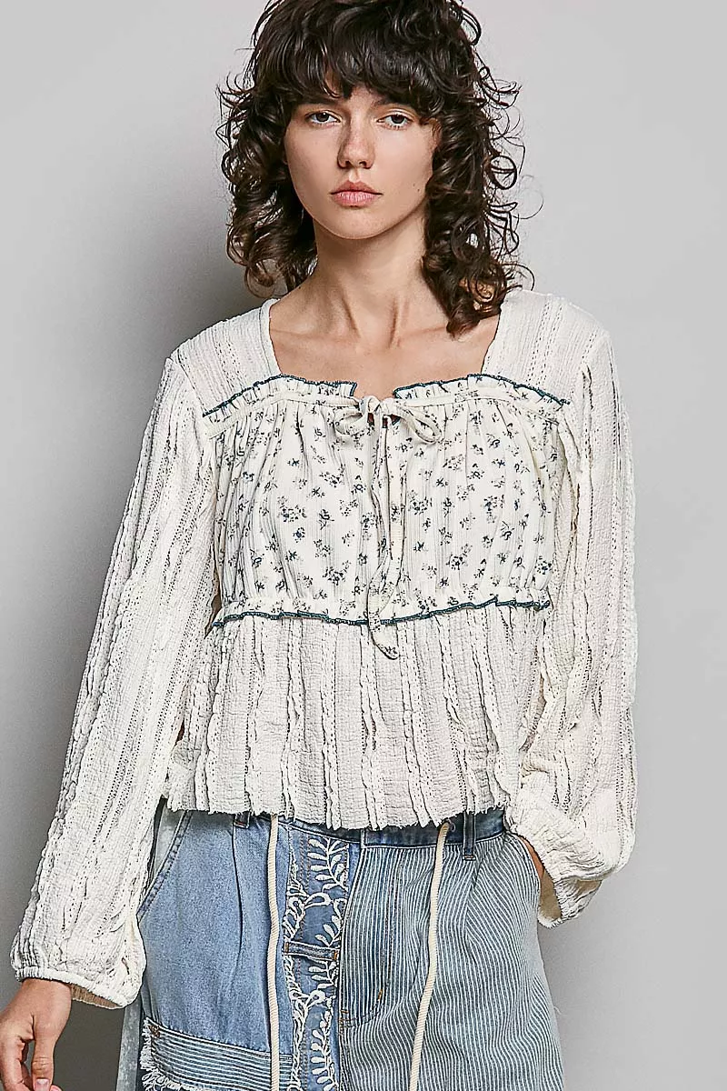 Square Neck Lace Long Balloon Sleeve Top