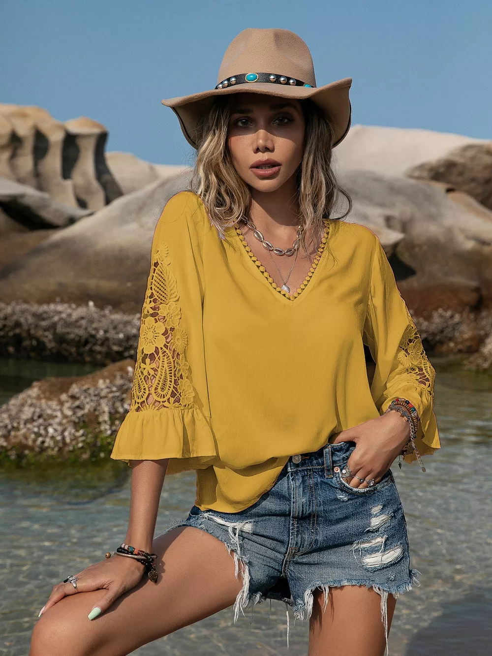 Plus Size Lace Sleeve V-Neck Blouse, image 16