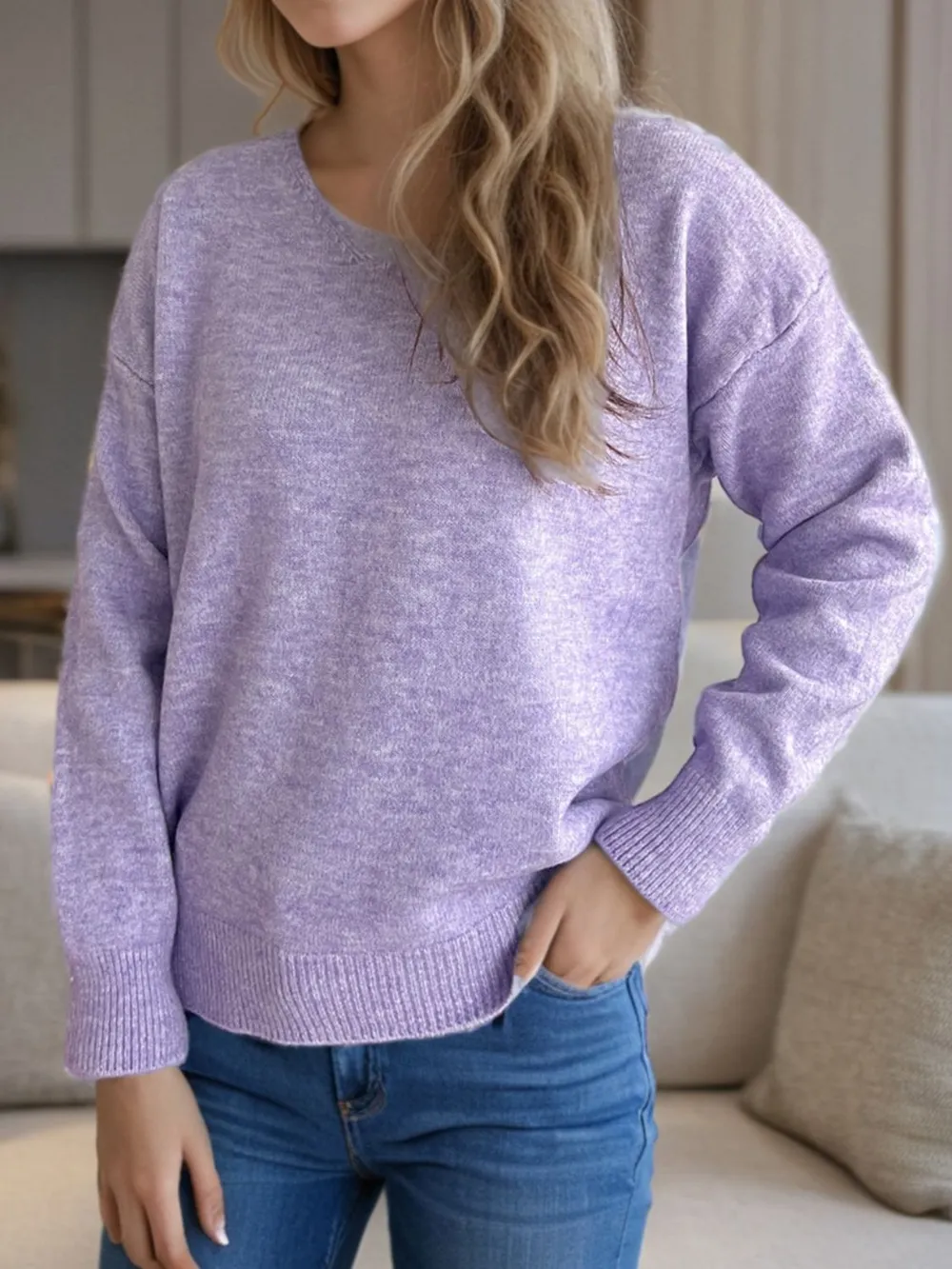 V-Neck Dropped Shoulder Long Sleeve Sweater, image 23