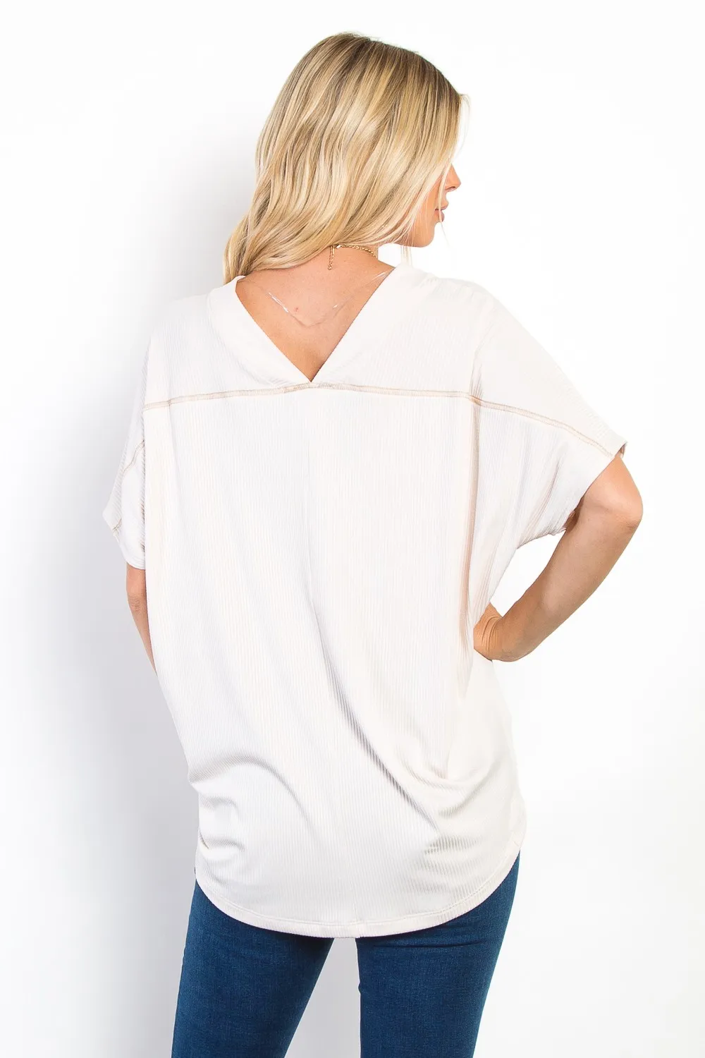 Full Size V-Neck Short Sleeve Ribbed Top, image 2