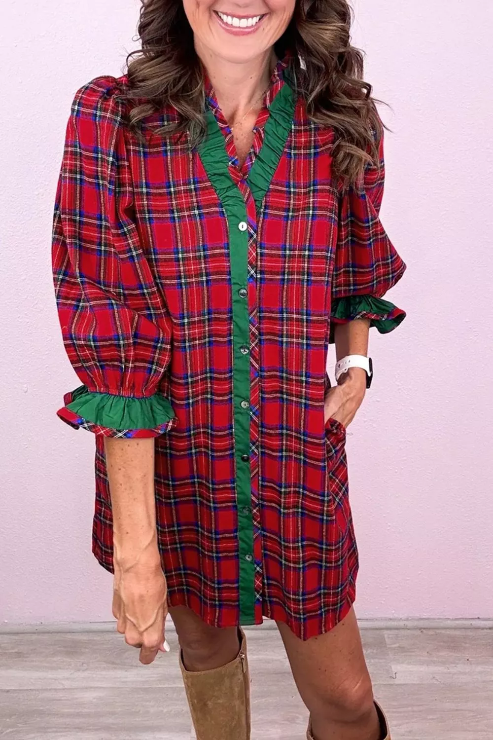 Plaid Ruffle Cuff Button Front Pocket Mini Dress, image 8