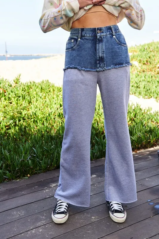 Raw Hem Denim Patchwork Wide Leg Pants, image 4
