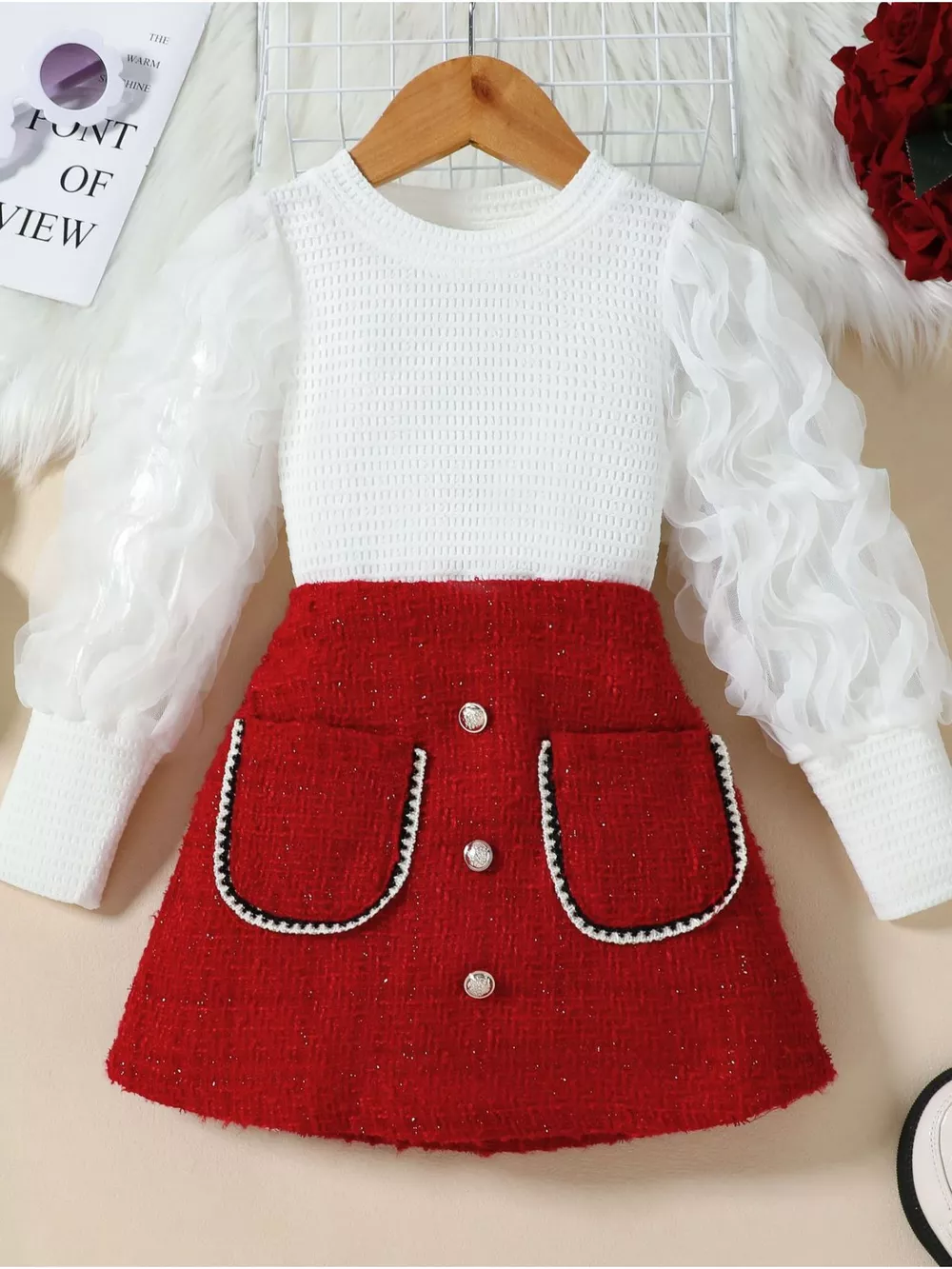 Children's Openwork Top and Tweed Skirt Set, image 2