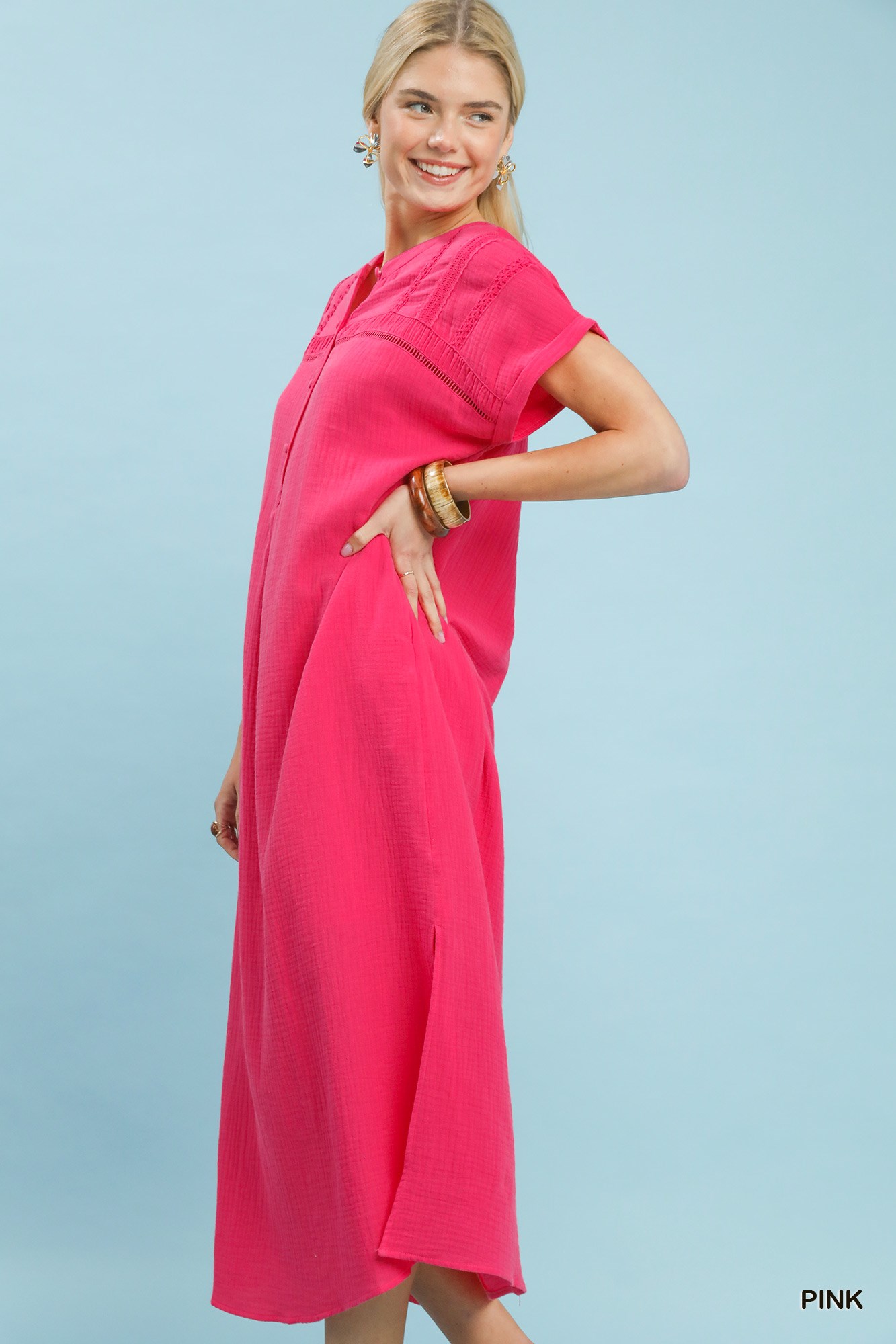 Button-Front Gauze Midi Dress with Lace Detail, image 2