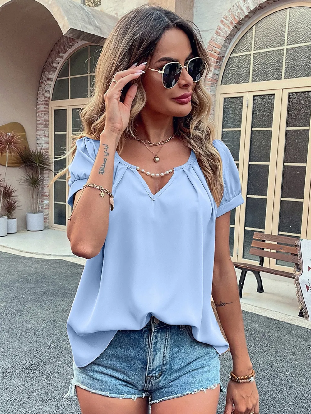 Pearl Detail Notched Short Sleeve Blouse, image 3