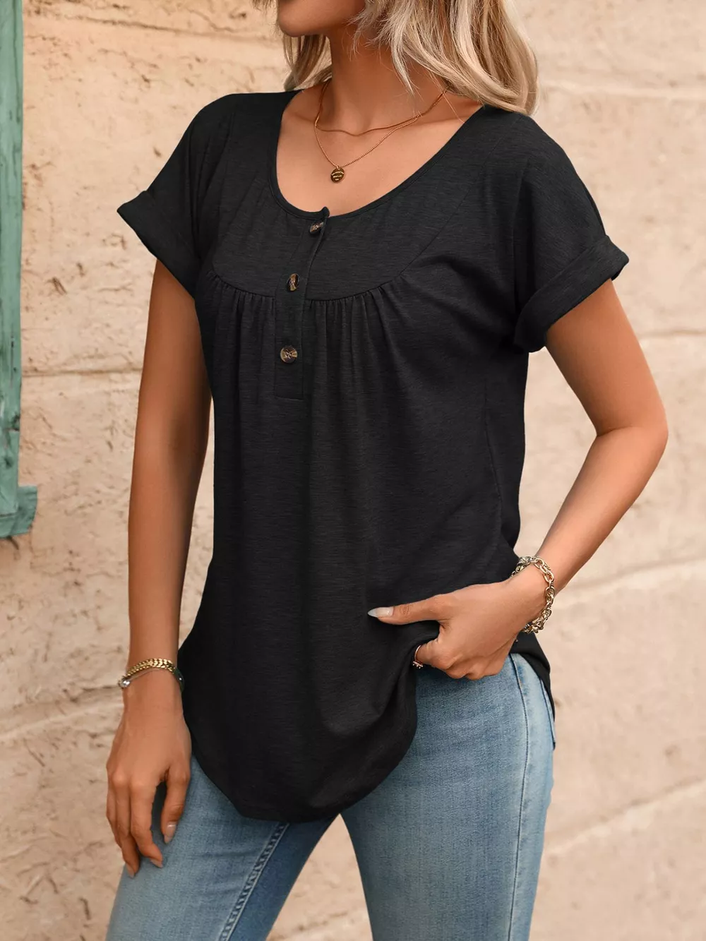 Casual Button Detail Henley T-Shirt, image 5