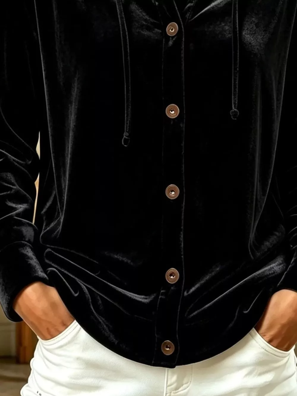 Full Size Velvet Button-Down Hooded Top Plus Size, image 6
