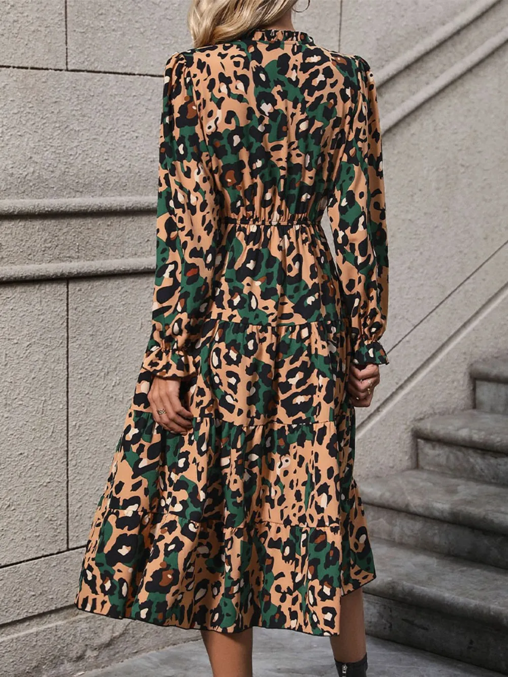 Leopard Notched Flounce Sleeve Midi Dress, image 2