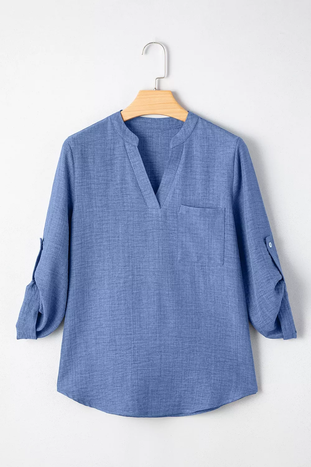 Casual Roll-Up Sleeve Notched Blouse, image 3