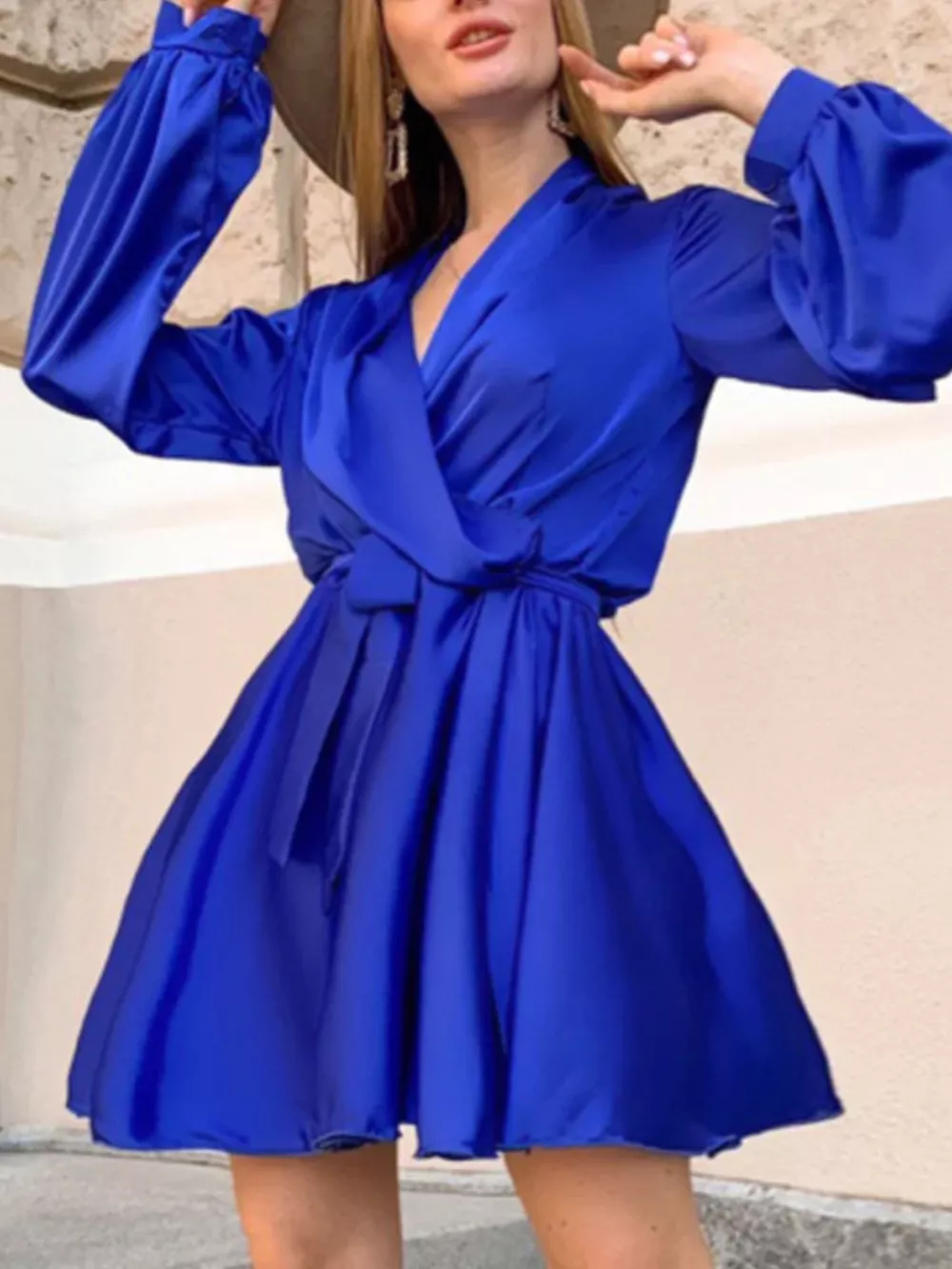 Satin Surplice Long Sleeve Mini Dress, image 8