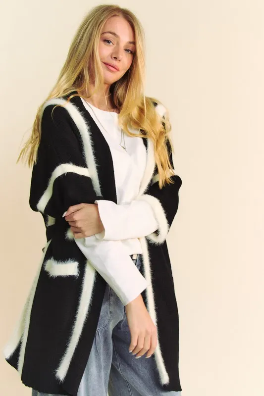 Fuzzy Trim Open Front Loose Fit Cardigan, image 5