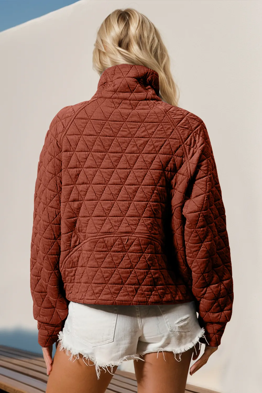 Half Zip Long Sleeve Quilted Sweatshirt with Pocket, image 3