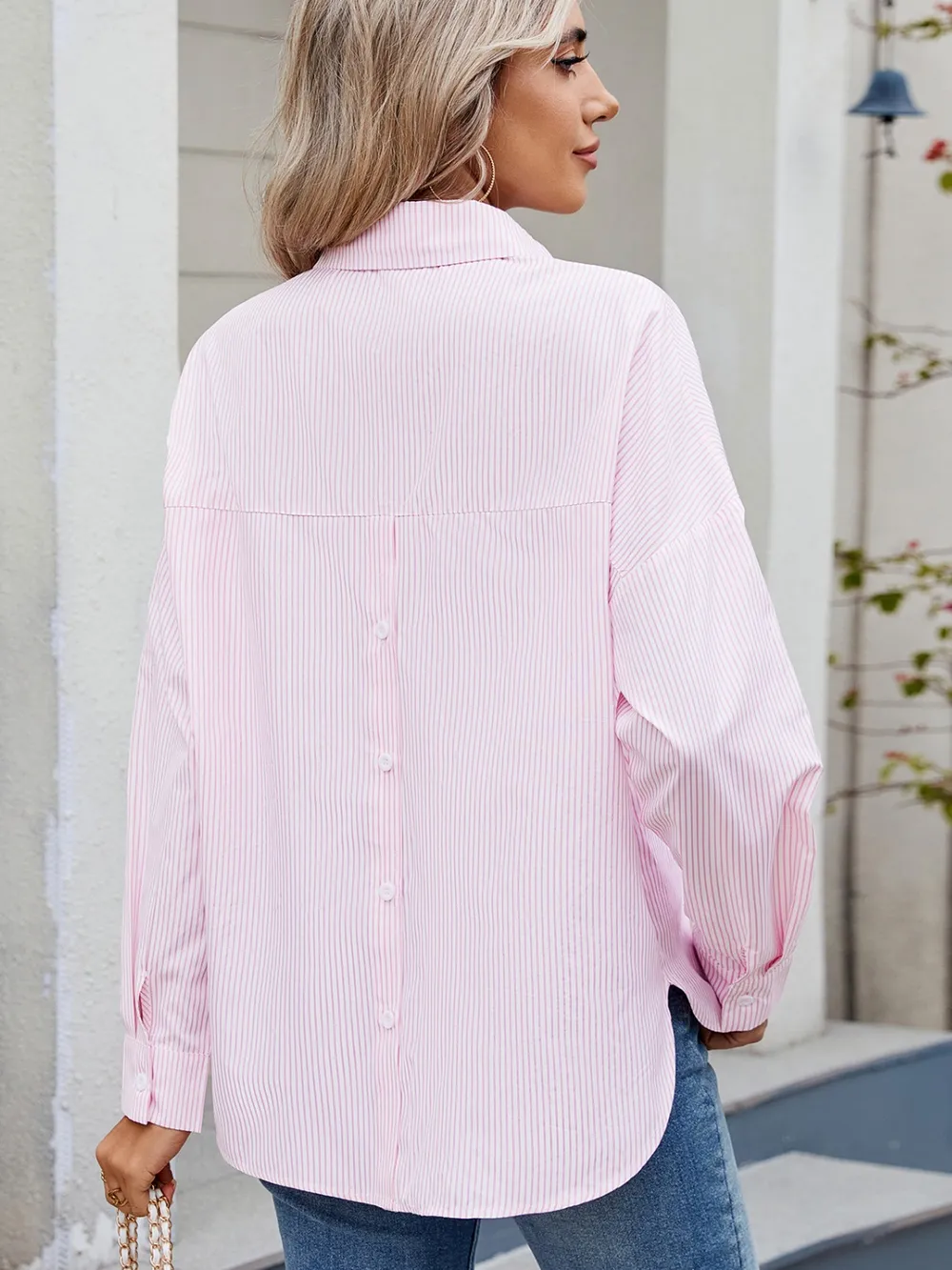 Striped Collared Neck Button Down Long Sleeve Shirt, image 2