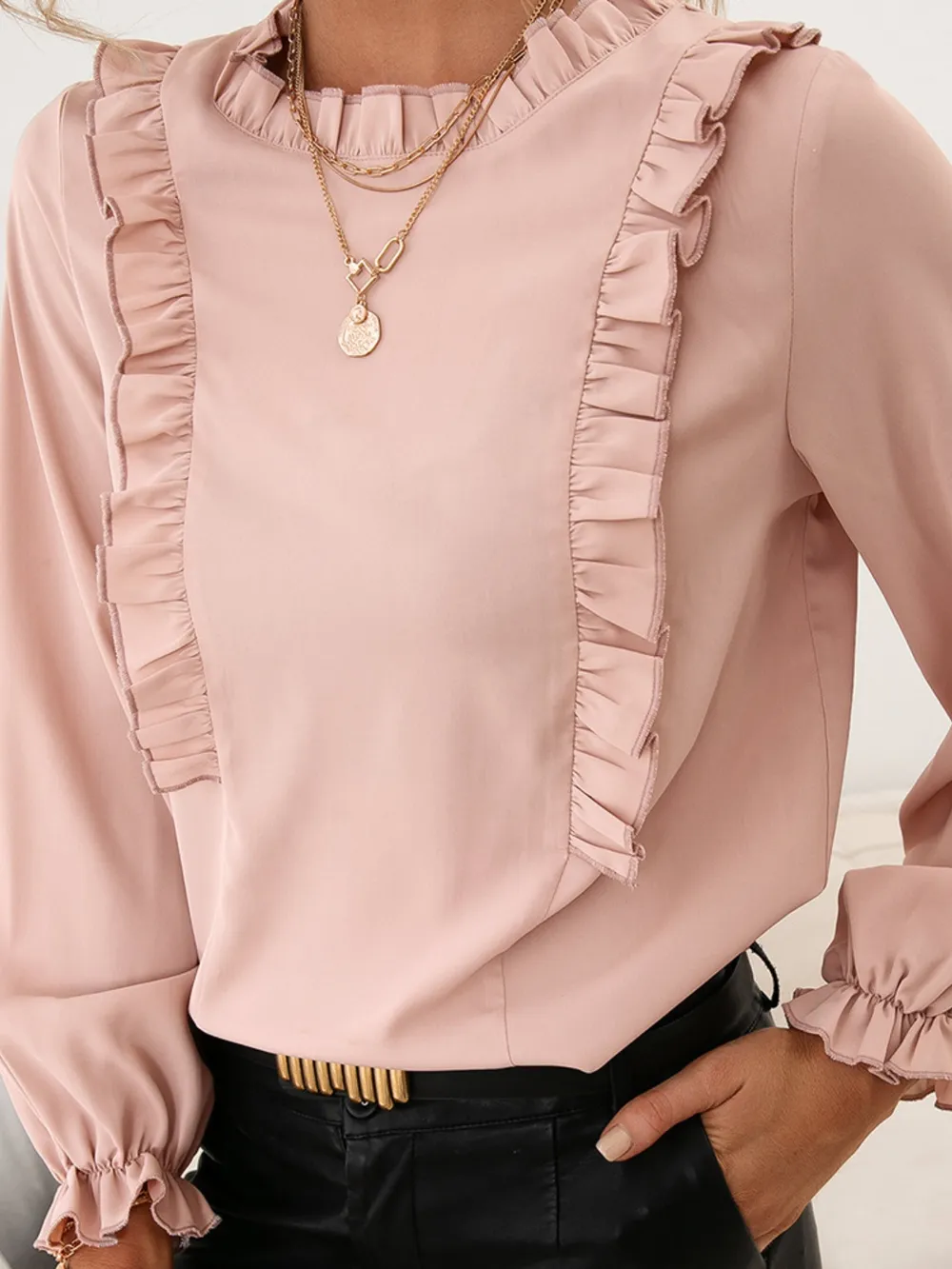 Frill Round Neck Flounce Sleeve Blouse, image 2