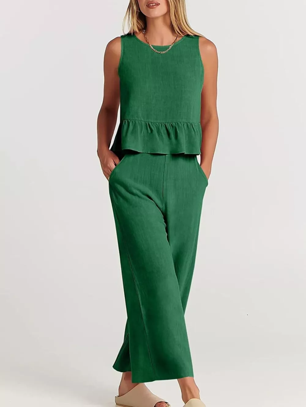 Full Size Ruffled Hem Sleeveless Top and Wide-Leg Pants Set Plus Size, image 15