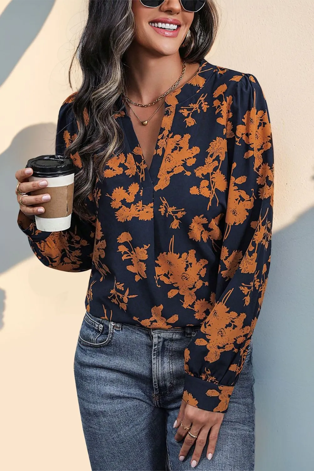 Printed Notched Long Sleeve Blouse, image 2
