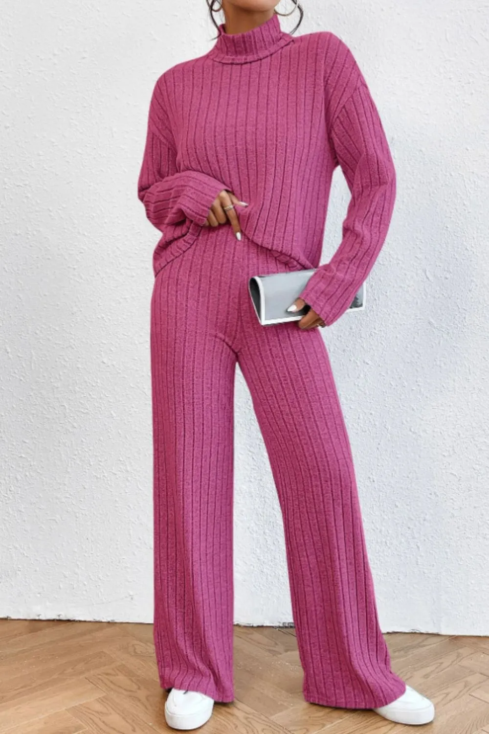 Mock Neck Dropped Shoulder Top and Pants Set, image 9