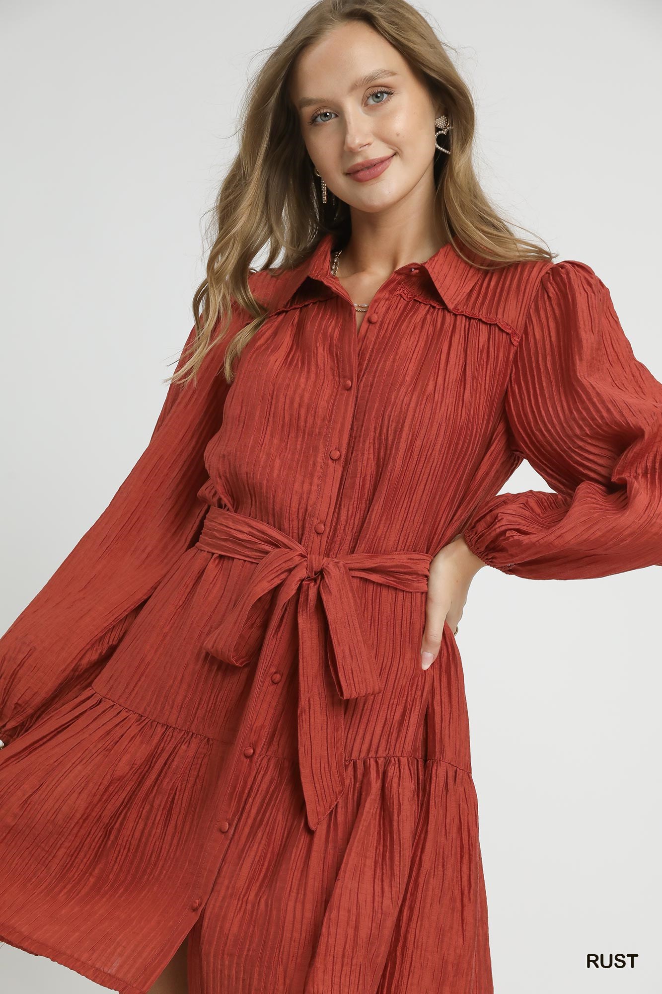Crinkle Button-Front Tiered Mini Dress with Waist Tie, image 2