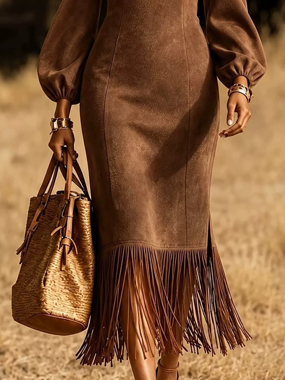 Fringe Round Neck Balloon Sleeve Dress, image 2