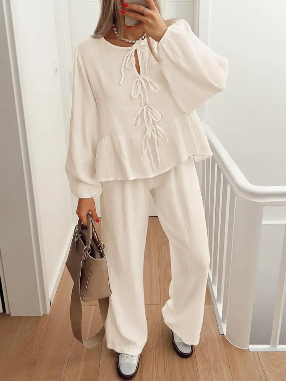 Tie Neck Balloon Sleeve Top and Pants Set, image 3