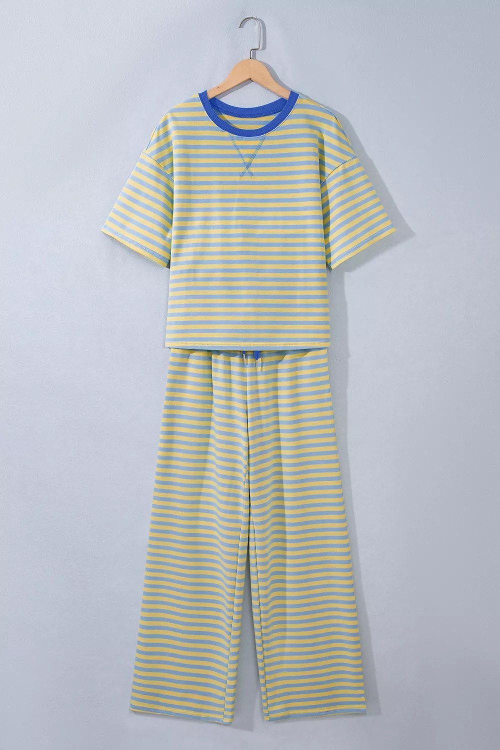 Stripe Colorblock Trim Crew Neck Loose Tee Drawstring Elastic Waist 2pcs Pant Set, image 4