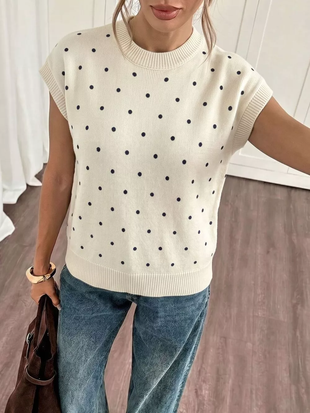 Polka Dot Short Sleeve Knit Sweater, image 3