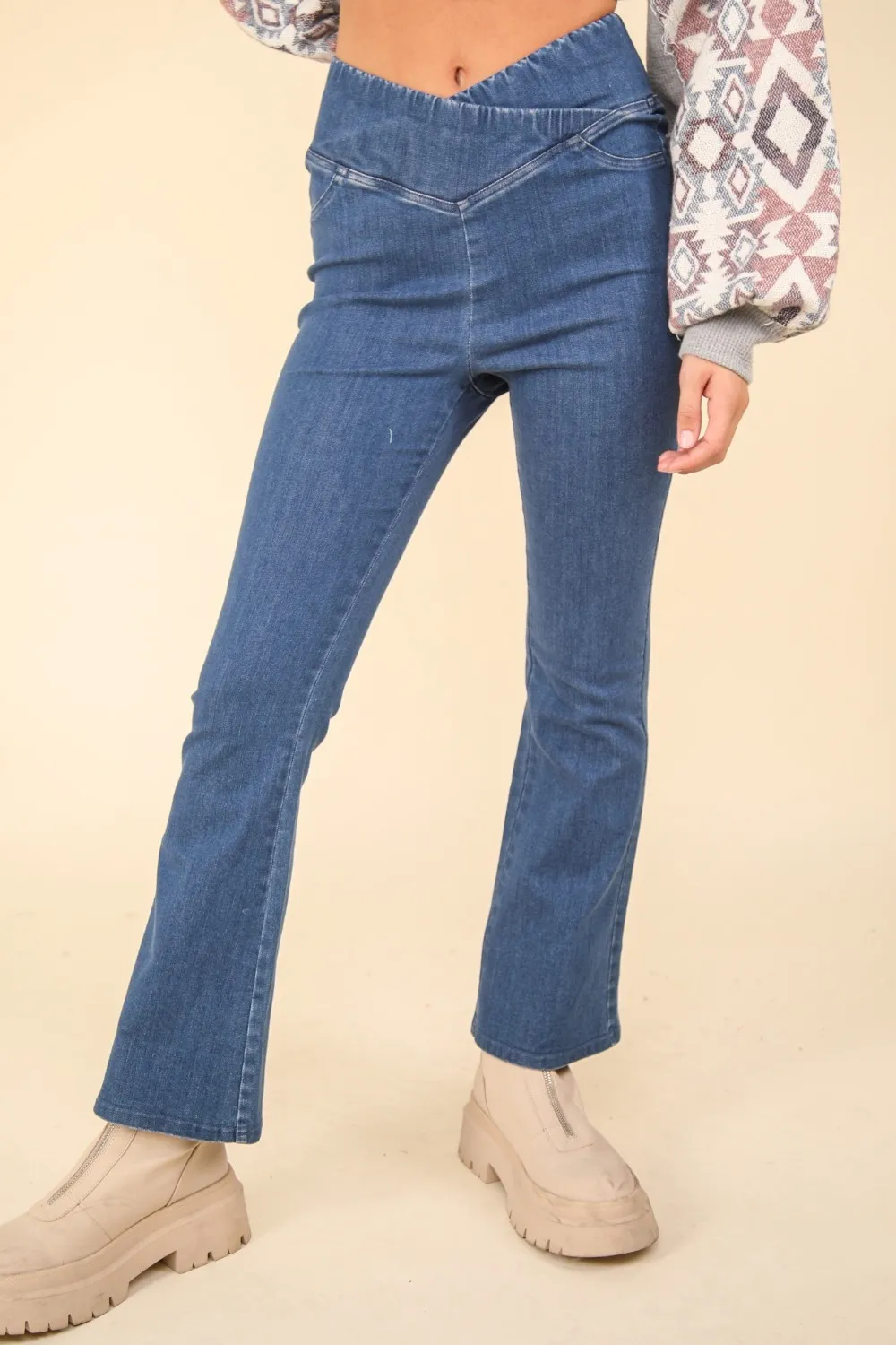 Washed Denim Stretchy Crossover Waist Leggings, image 5