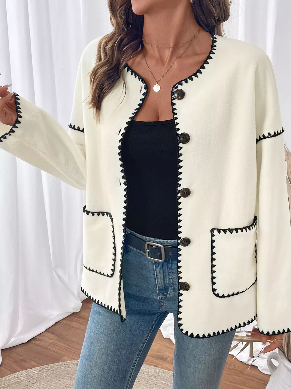 Contrast Trim Button Up Jacket, image 4