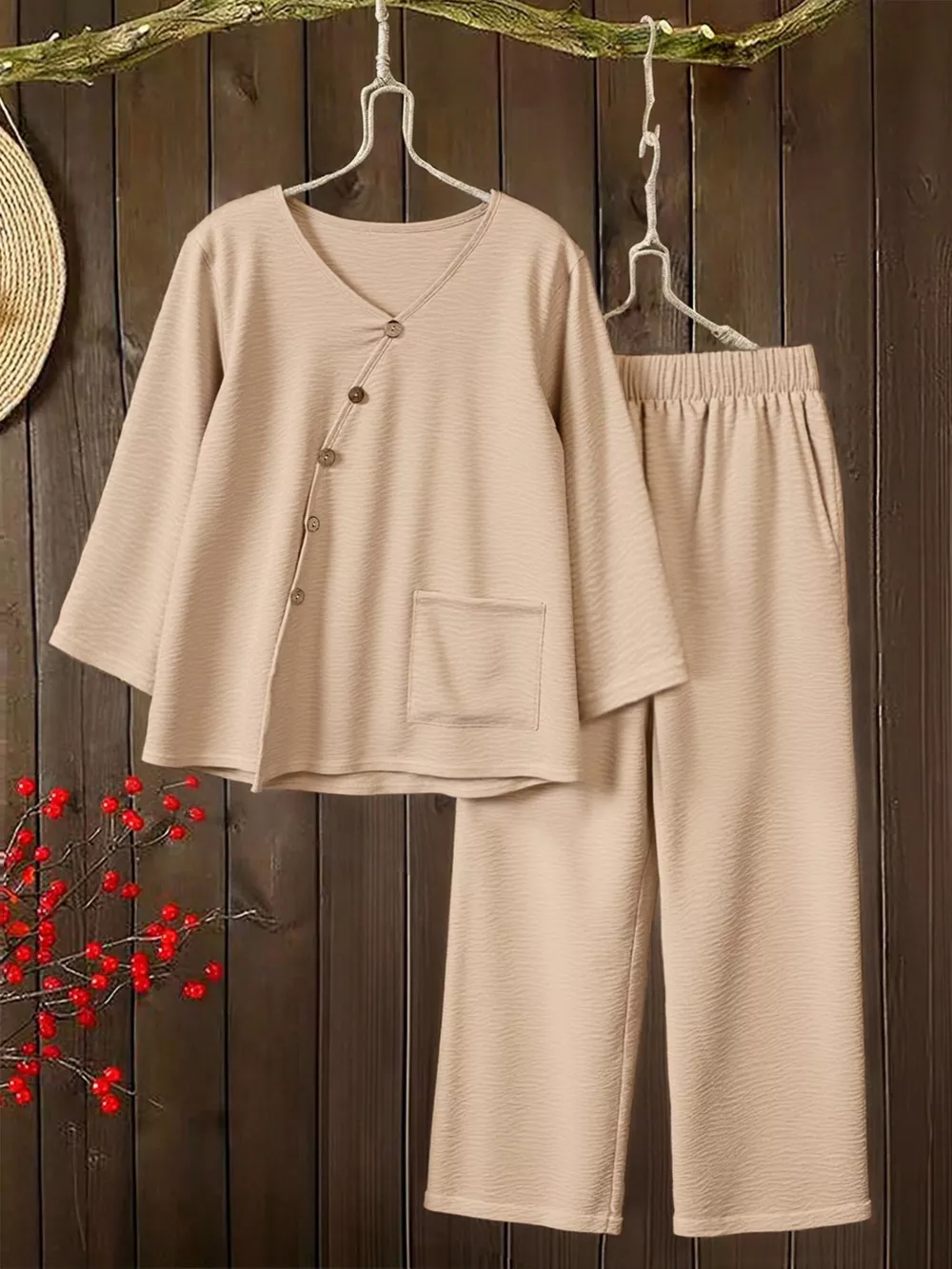 Plus Size V-Neck Long Sleeve Top and Pants Set, image 3