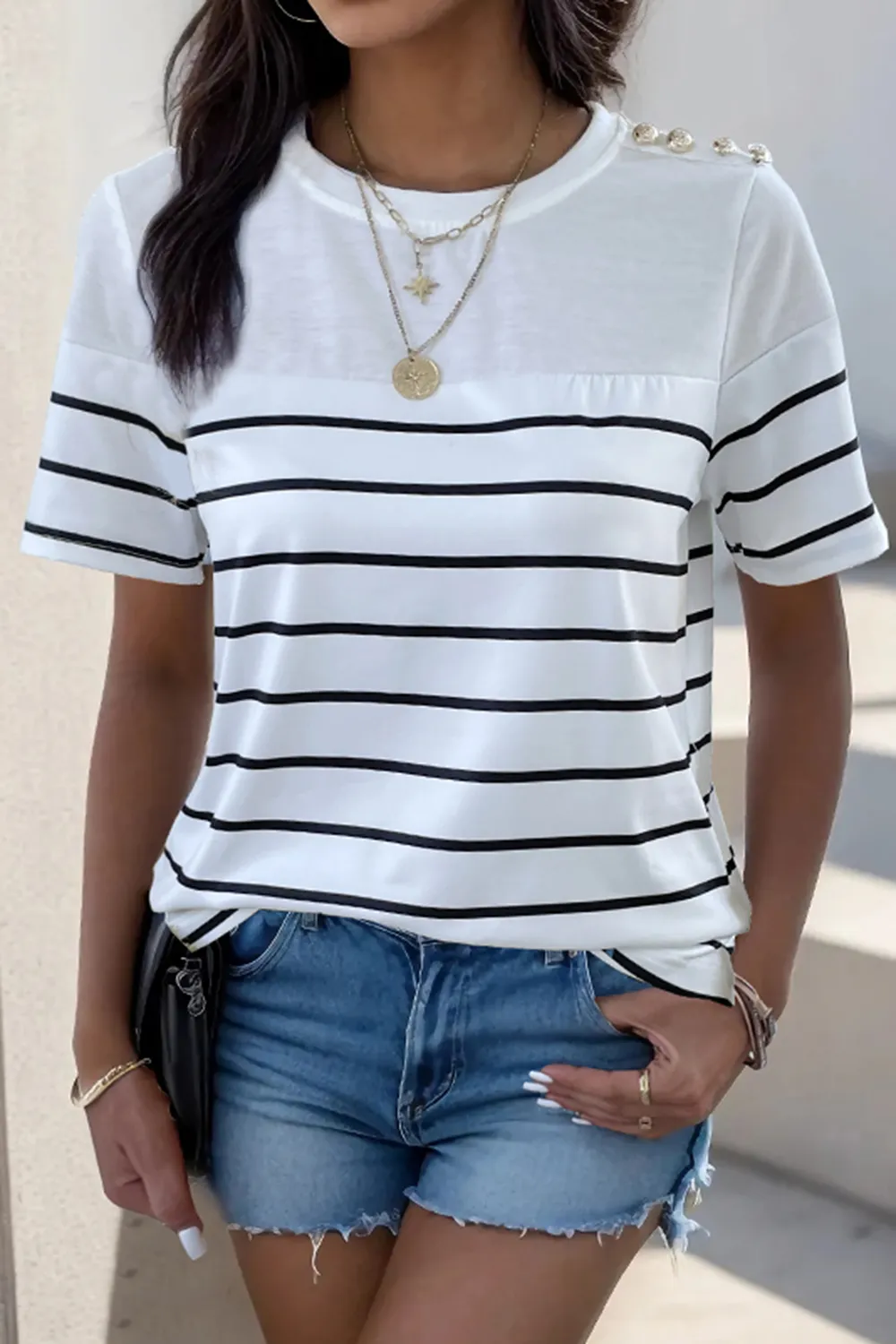 Decorative Button Striped Short Sleeve T-Shirt, image 2