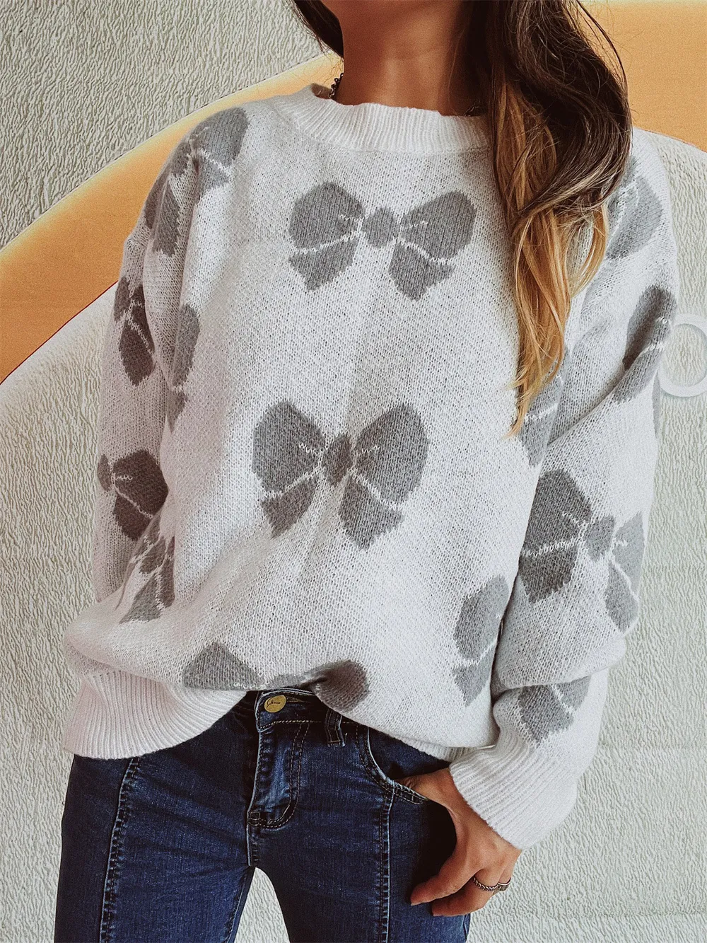 Bow Round Neck Dropped Shoulder Sweater, image 7