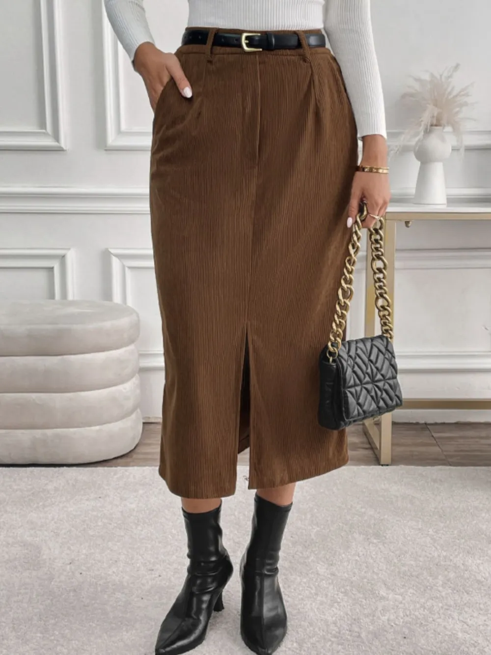 Slit Midi Skirt with Pockets, image 2