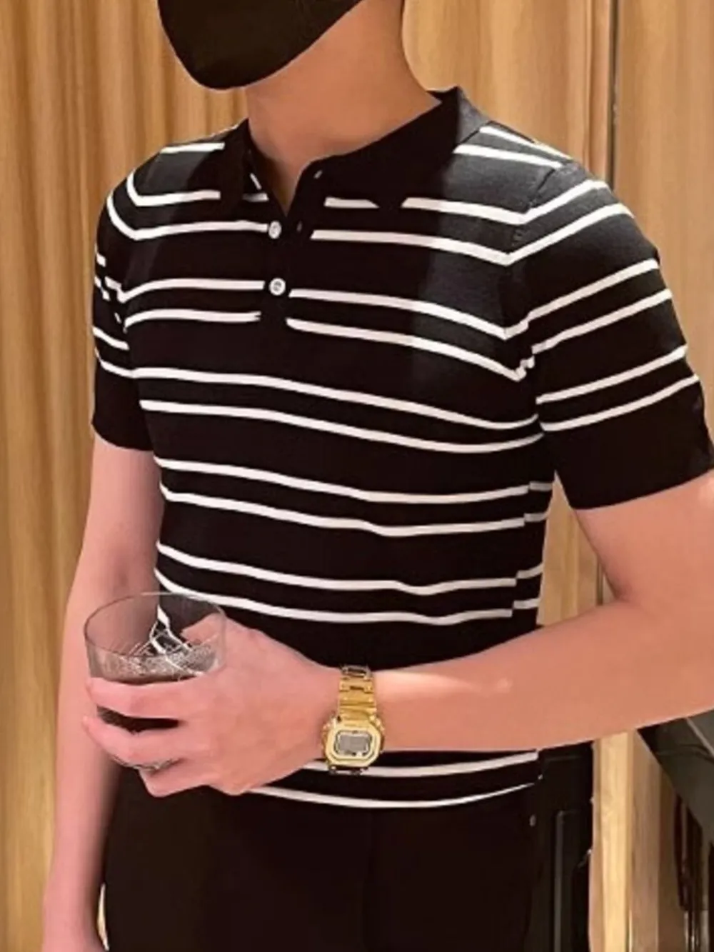 Men's Full Size Striped Button Detail Short Sleeve Polo Plus Size